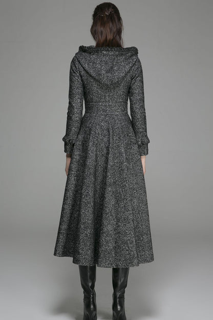 Gray Hooded Wool Maxi Coat – Gothic Ruffle Trim Winter Overcoat | Xiaolizi 1369