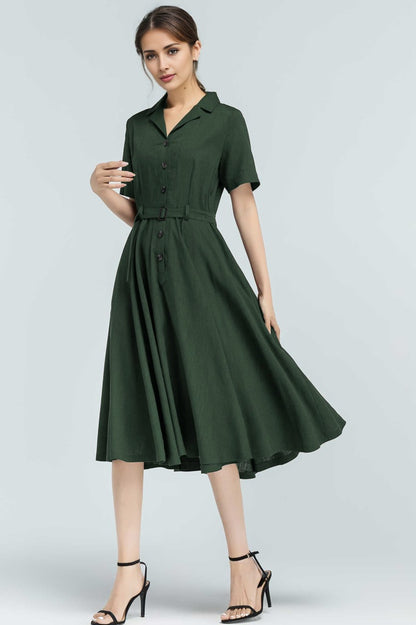 Green Linen-Cotton Midi Shirt Dress - Belted Vintage Swing 5764