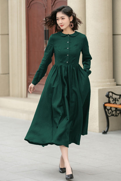Green Linen Fit and Flare Midi Dress - Collared Neck with Pockets 5750