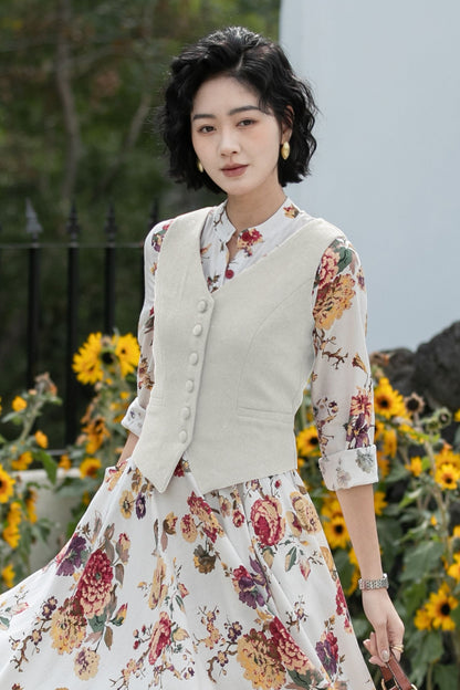 Beige Linen Cotton Vest - V-Neck Tailored Fit | Xiaolizi 6754