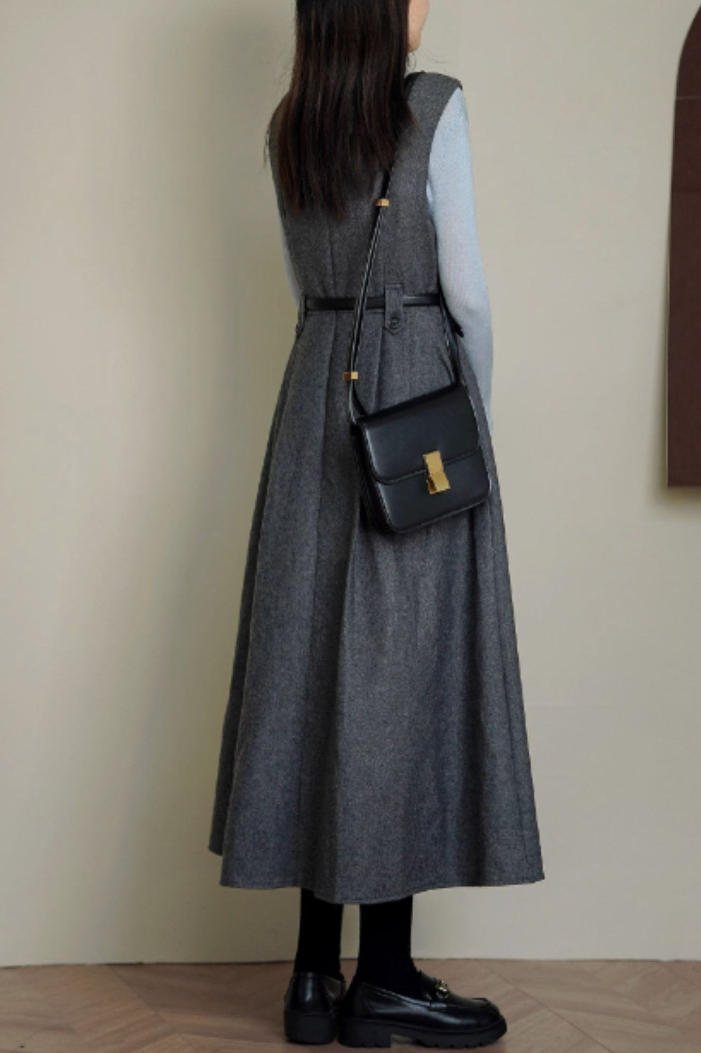 Sleeveless long gray wool dress women 5599