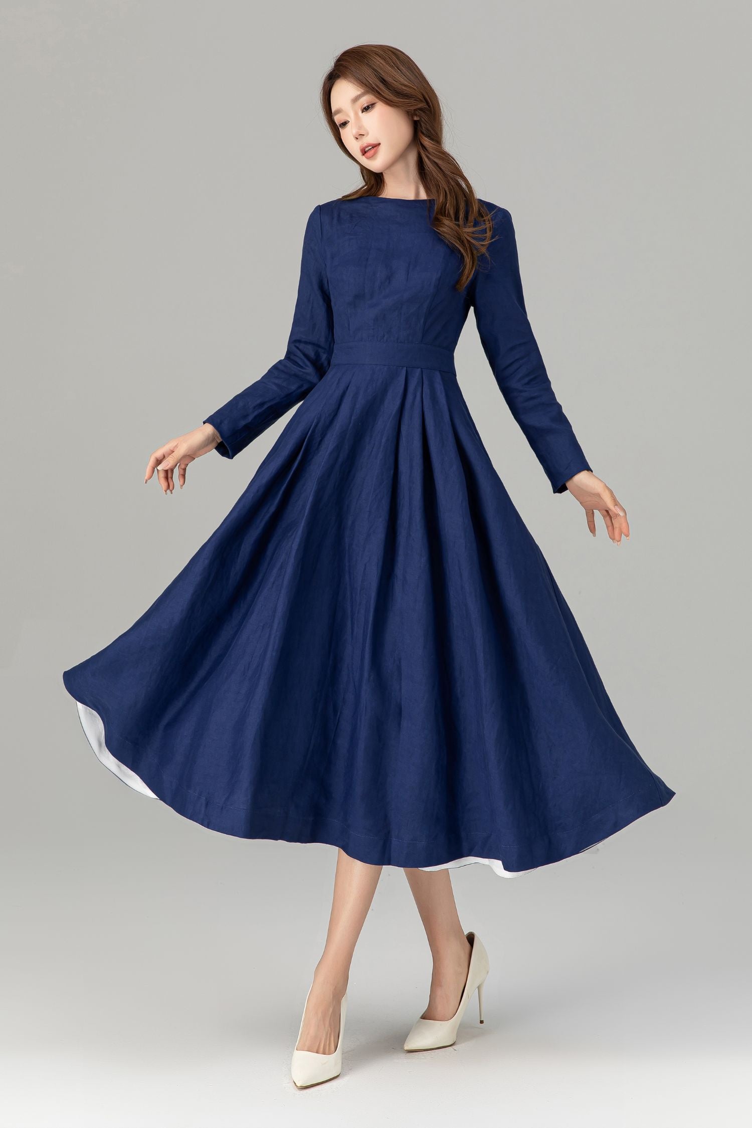 long sleeve fit flare dress Navy Linen Midi – Elegant Linen-Cotton and Dress 4925 Navy / XL short dresses for summer The Long Sleeve Fit Reflora Women's Plus Size Collar Size:15
