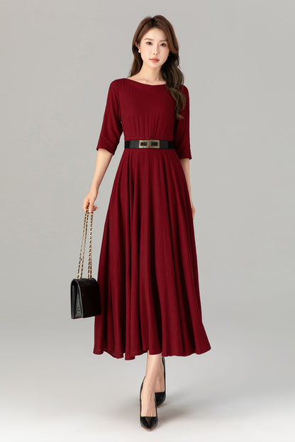 Burgundy Linen Midi Dress – Handmade Romantic Fit & Flare Summer Dress with Pockets | Xiaolizi 4908
