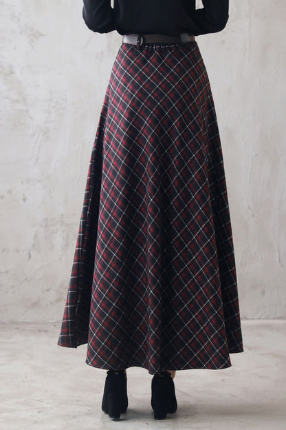 Plaid Wool Maxi Skirt - Vintage British Tartan High Waist Pleated 3100