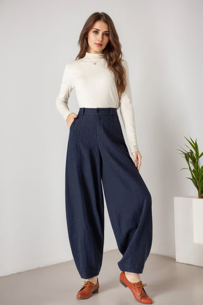Navy Linen Wide Leg Pants - Lantern Style, Ankle Length 5900