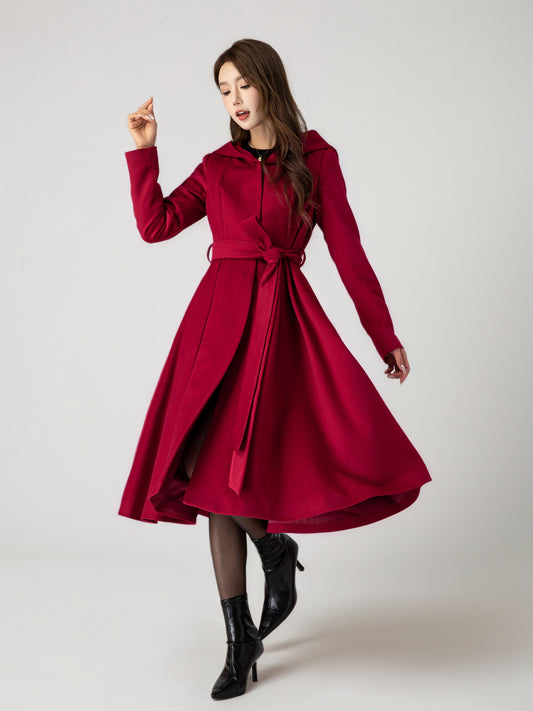 Red hooded long wool coat women 6295