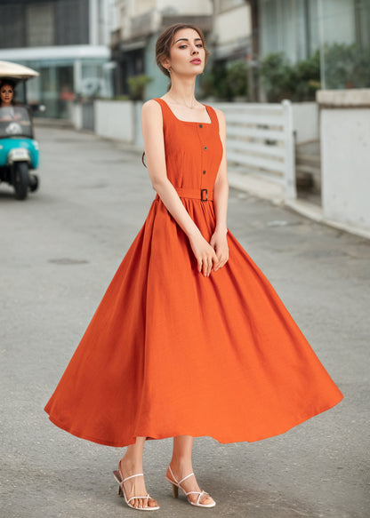 Orange Linen Blend Dress - Square Neck Midi | Xiaolizi 6724