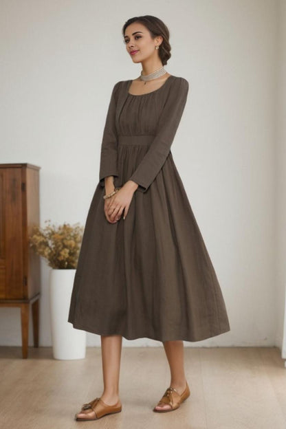 Brown Linen Midi Dress - A-Line Silhouette with Long Sleeves 5515