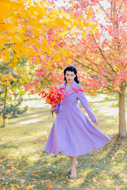 Purple Wool Long Coat - Double Breasted Fit and Flare Silhouette 3256