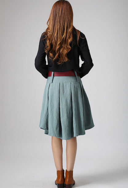 Handmade Dusty Teal Linen Pleated A-Line Skirt – Vintage Knee-Length | Xiaolizi 915
