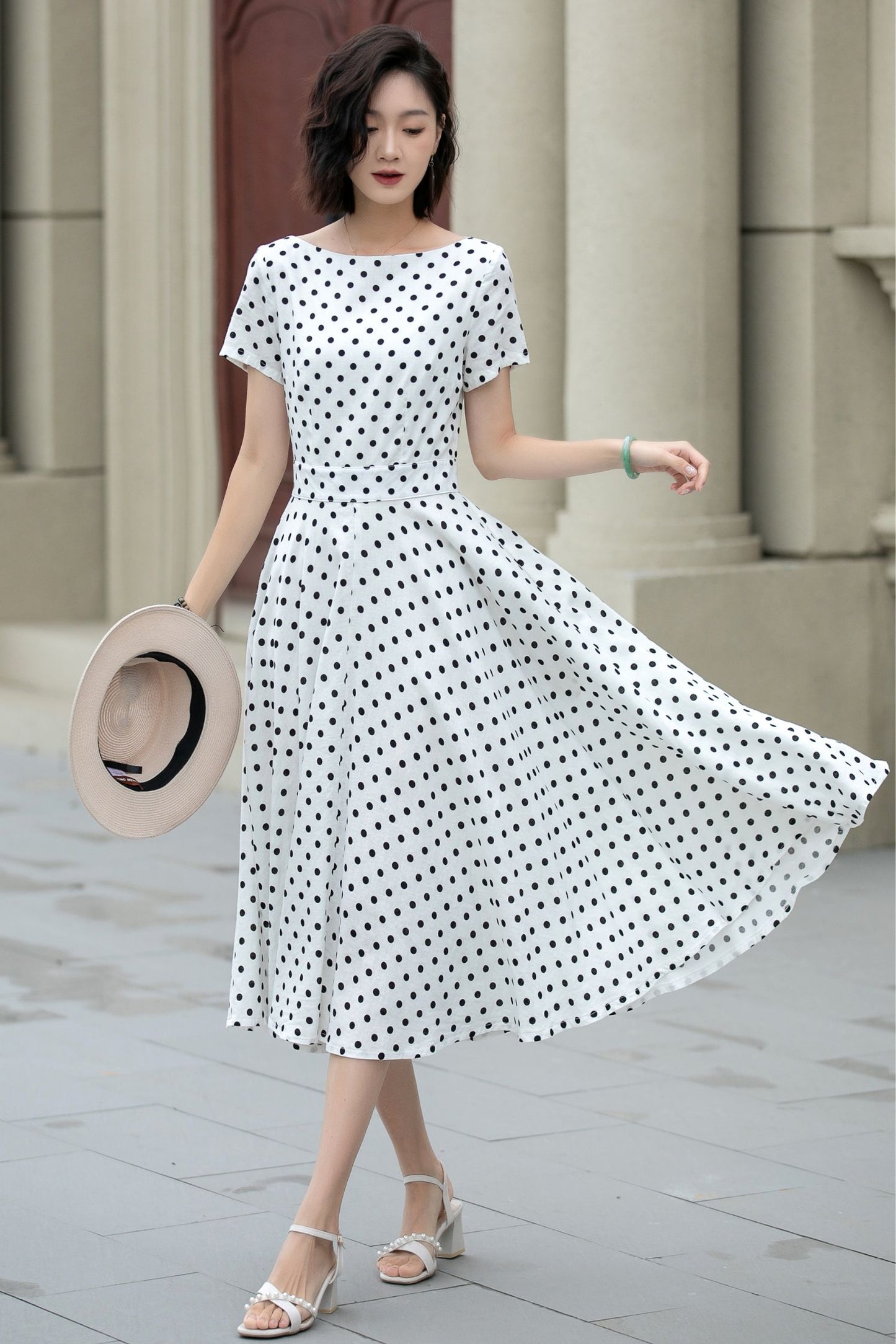 Black and white polka dot summer linen dress 5225