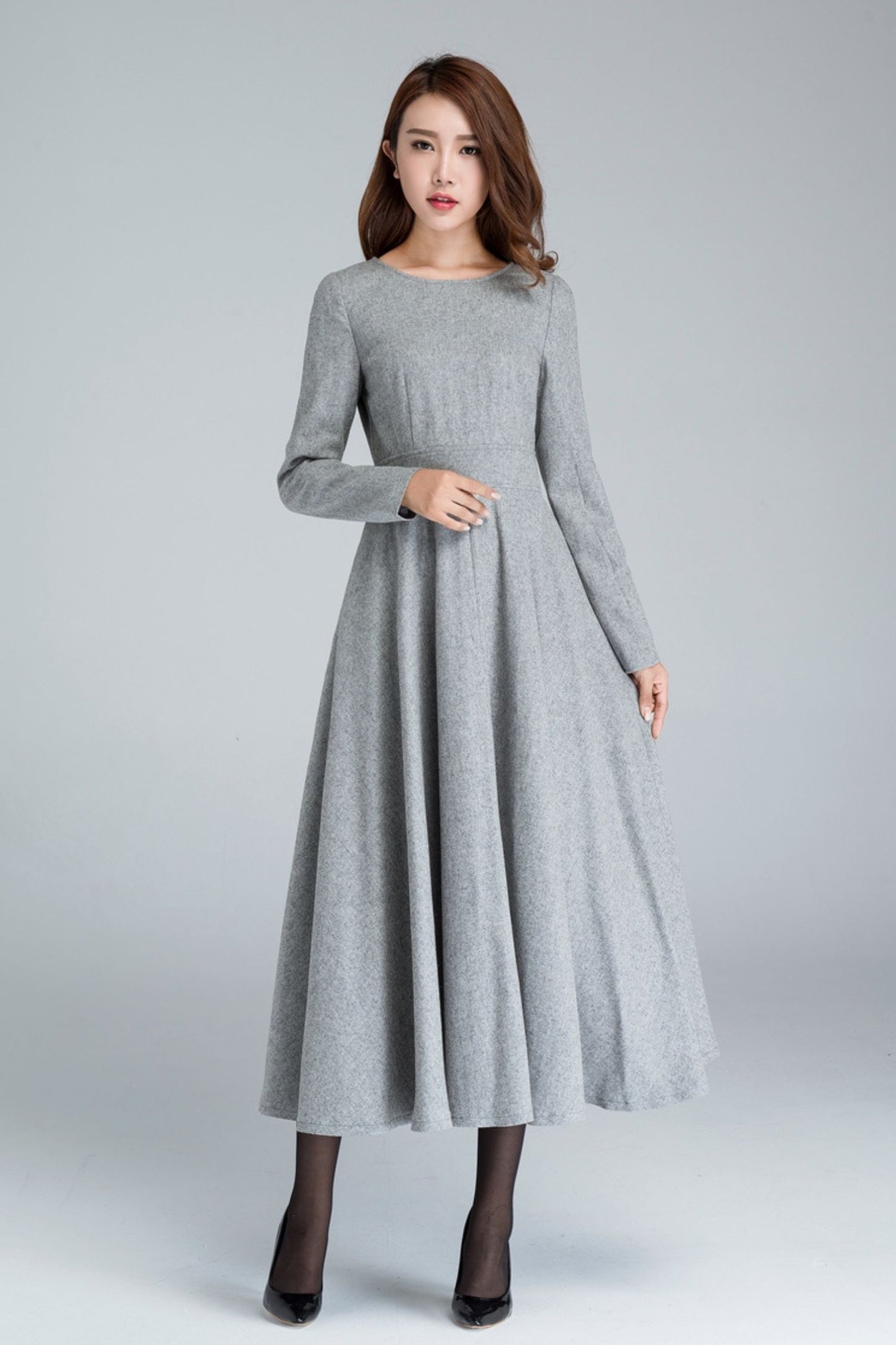 Gray Long sleeve Swing wool dress 1616