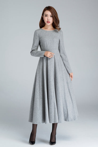 Handmade Gray Wool Swing Dress – Long Sleeve Fit and Flare Winter Dress | Xiaolizi 1616
