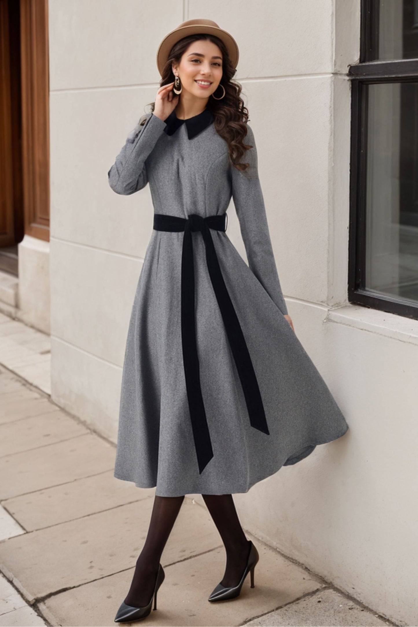 Gray Swing Fit and Flare Wool Dress 5247