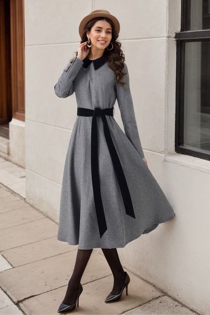 Gray Wool Midi Dress - Fit and Flare Silhouette with Contrast Collar 5247
