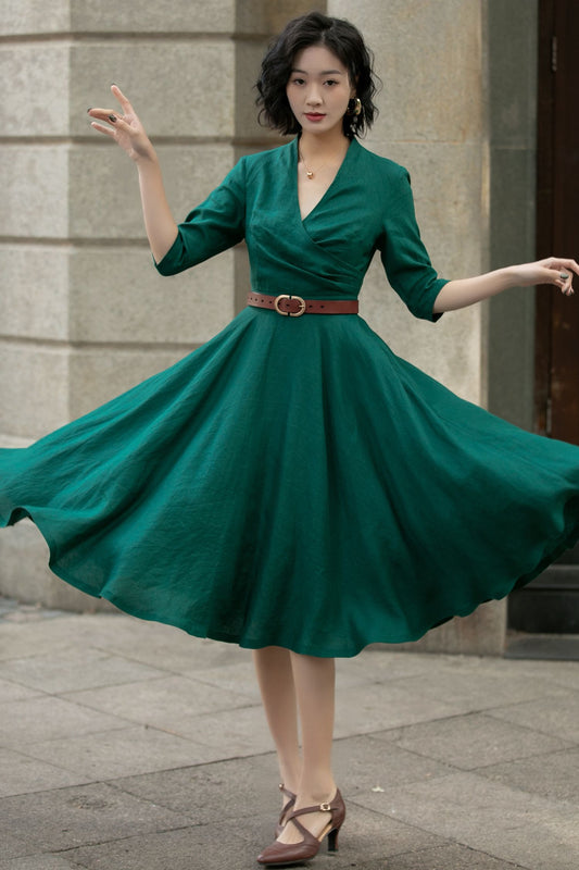 Green swing linen midi dress women 5677