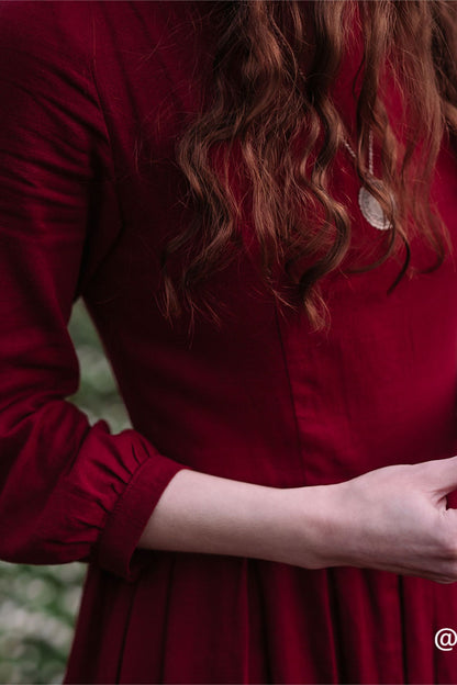 Wine Red Linen Midi Dress – Handmade Vintage Elegance for Timeless Wardrobe 3423