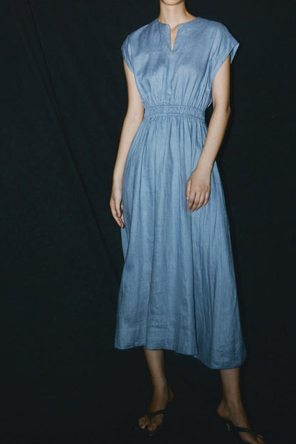 Blue Linen Midi Dress - A-Line Silhouette with Cap Sleeves HY0021