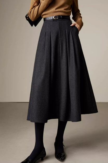 Handmade Wool Skirt – Classic Gray Winter Pleated Midi with Pockets 6357