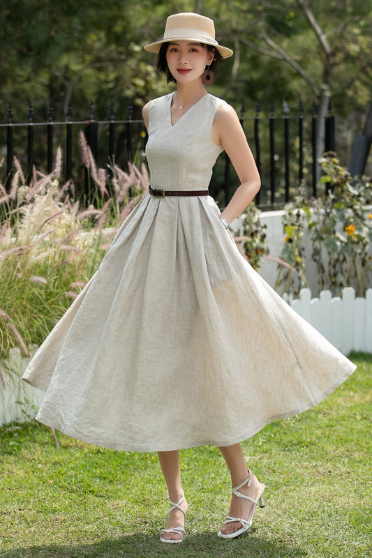 Beige Linen Midi Dress - Sleeveless V-Neck | Xiaolizi 6746