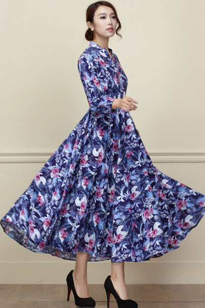 Floral Linen Midi Shirt Dress - Button Front Pockets | Xiaolizi 3419