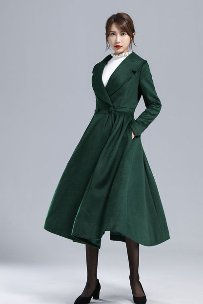 Vintage Princess Wool Coat – Handmade Dark Green Pleated Long Overcoat | Xiaolizi 3242