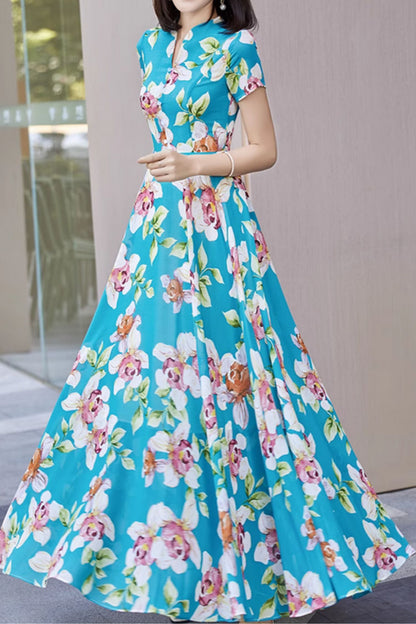 Blue Floral Chiffon Maxi Dress - Bohemian V-Neck Flowy Silhouette 5022