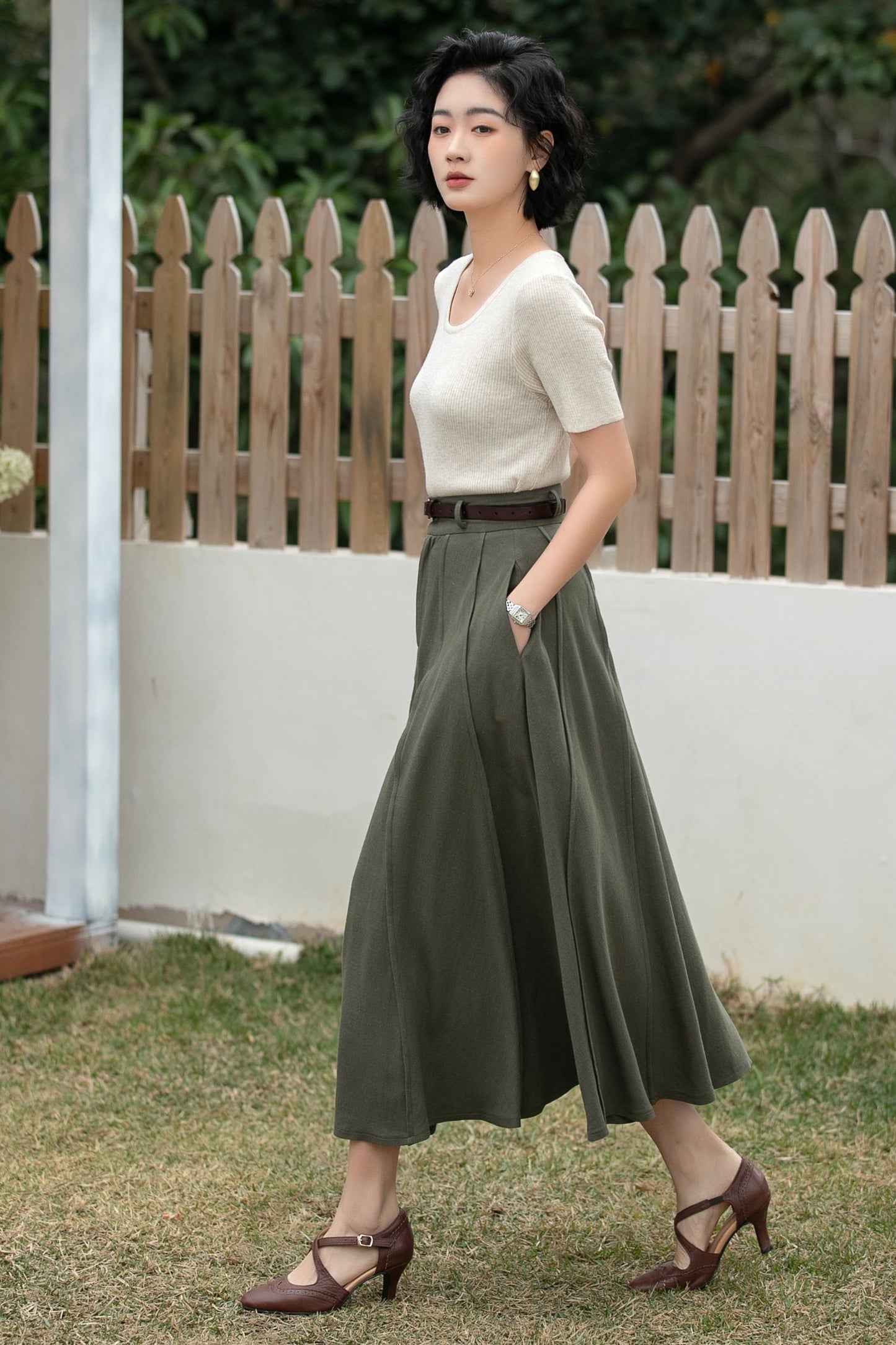 Xiaolizi Army Green Linen Midi Skirt – Vintage High Waist A-Line 6695