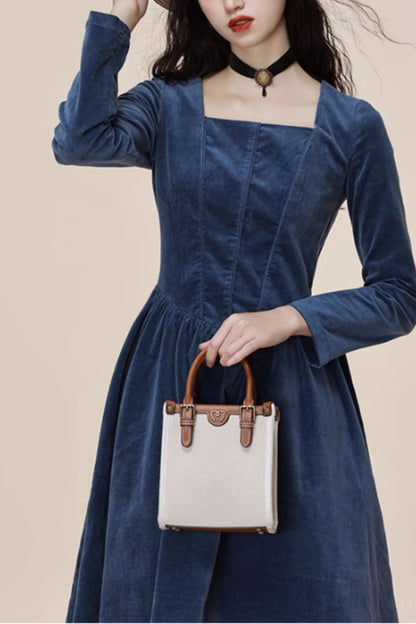 Blue Corduroy Midi Dress - Square Neckline, Long Sleeves 4809