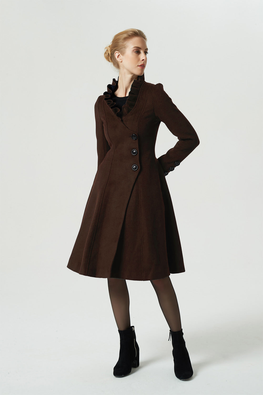 Asymmetrical brown winter wool coat 6311