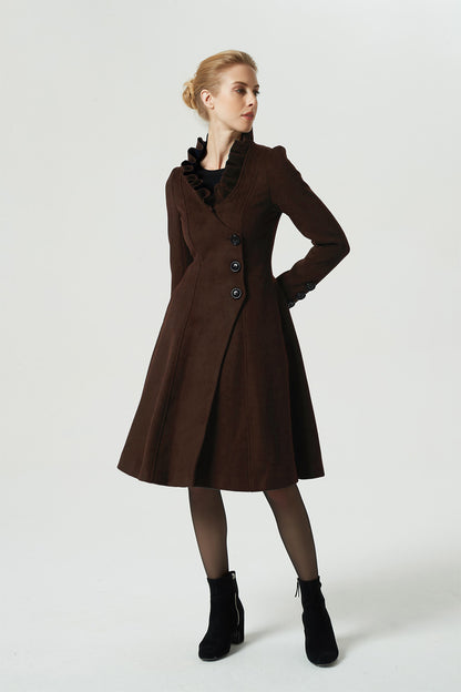 Asymmetrical brown winter wool coat 6311