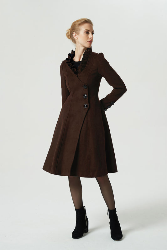 Asymmetrical brown winter wool coat 6311