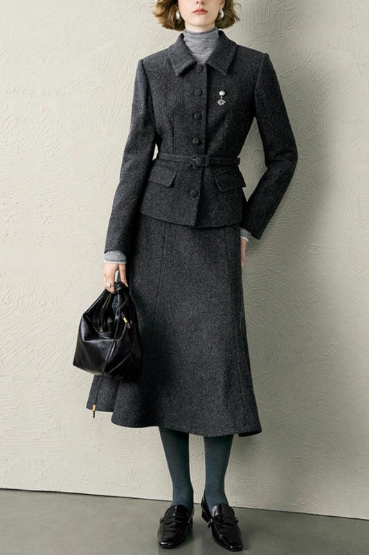Vintage Wool Two Piece Set – Charcoal Gray Belted Jacket and A-line Midi Skirt 6604