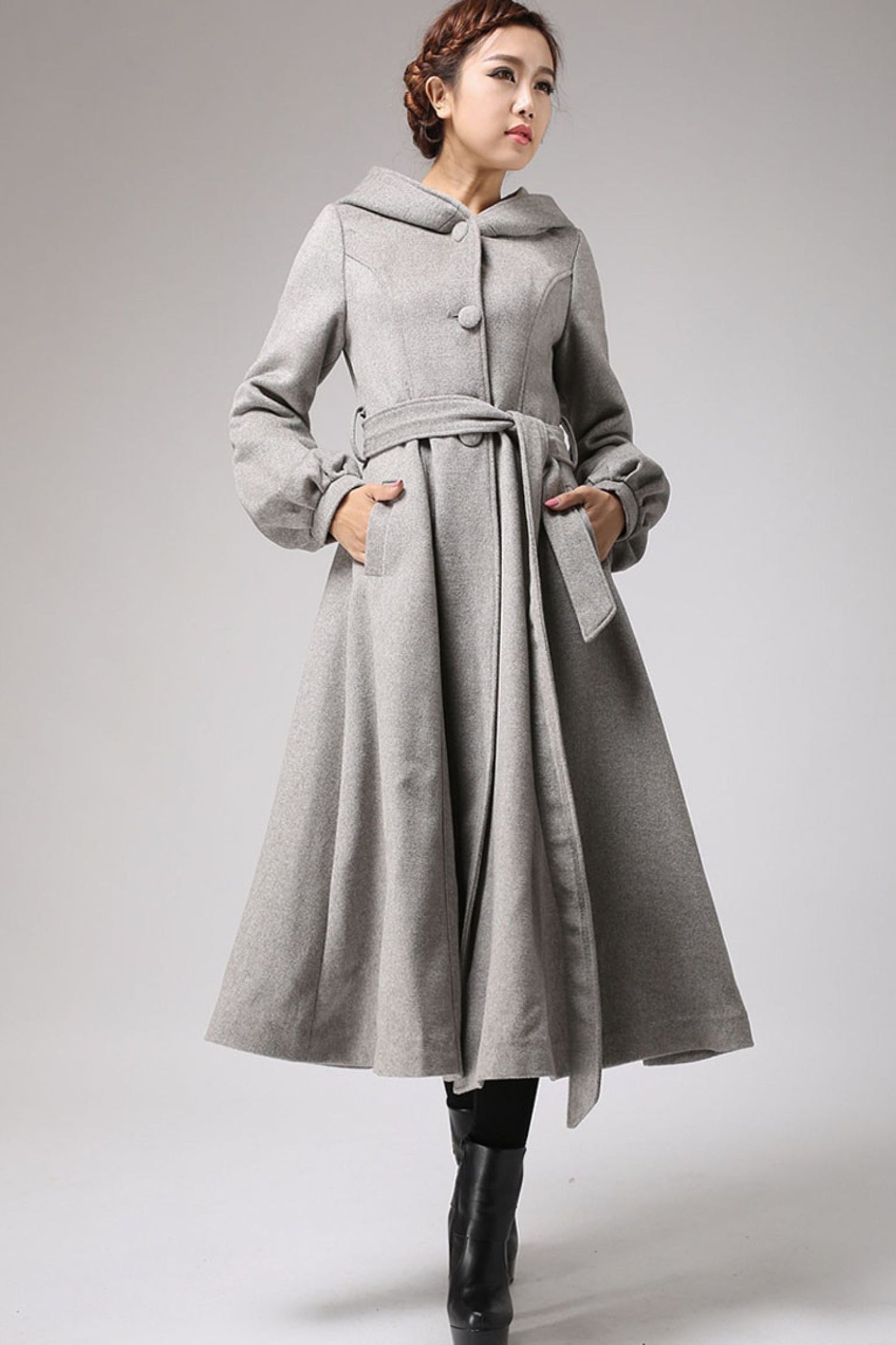 Long sleeve womens swing coat with hood 0708#