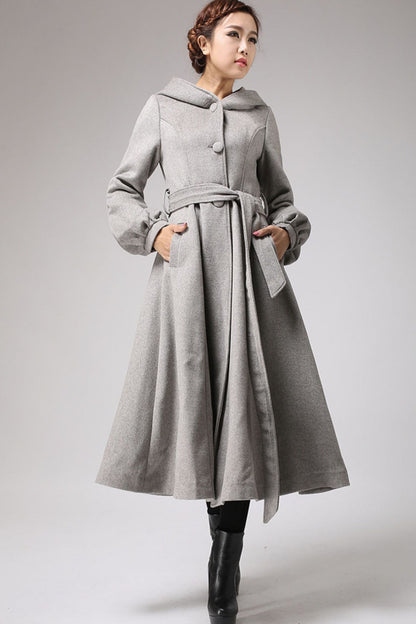 Handmade Grey Wool Coat with Hood – Belted Lantern Sleeve Long Winter Overcoat | Xiaolizi 0708