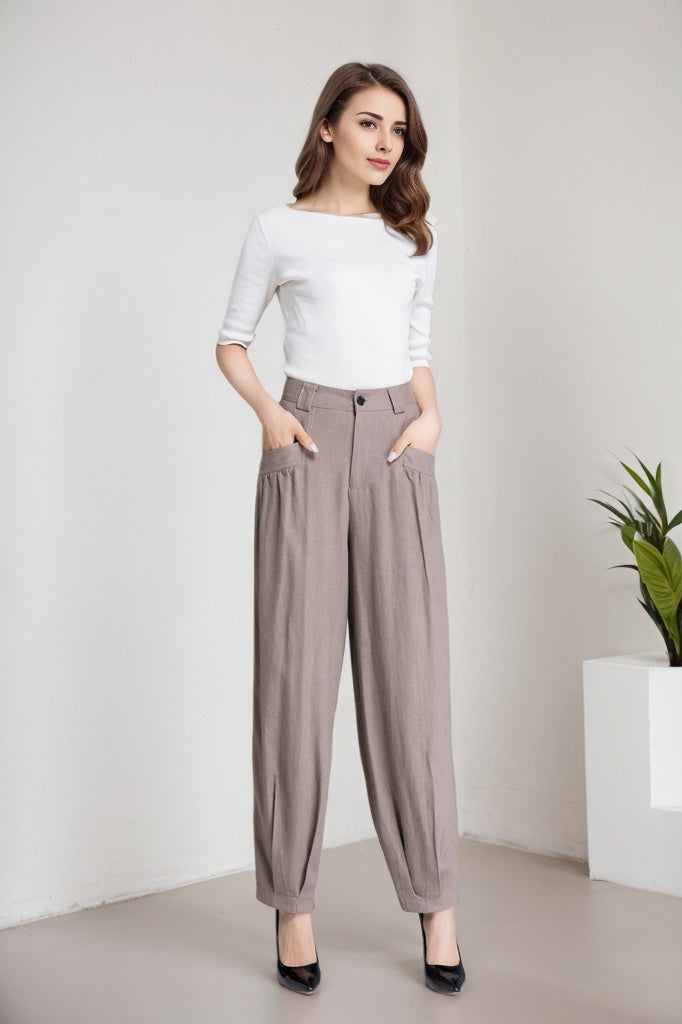 Khaki Linen Cotton Blend Maxi Pants - Button Front with Twin Pockets 5915
