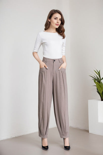 Khaki Linen Cotton Blend Maxi Pants - Button Front with Twin Pockets 5915