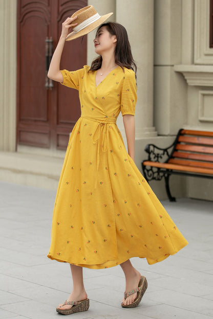 Yellow Cotton Linen Wrap Midi Dress - Floral Embroidery V-Neck | Xiaolizi 4947