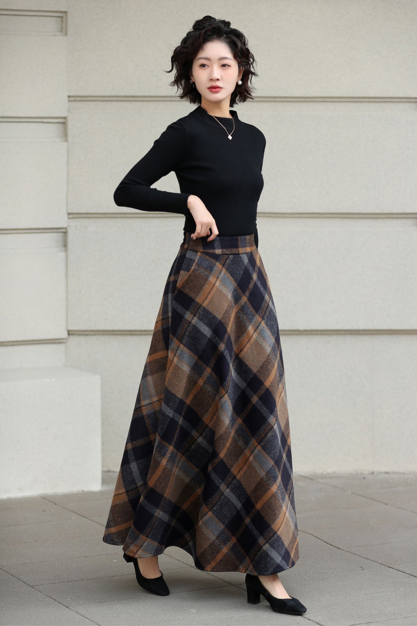 Xiaolizi Plaid Wool Maxi Skirt for Women – Handmade A-Line Winter Full-Length Skirt 6605
