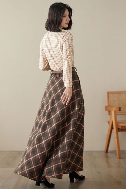 Elegant Plaid Wool Blend Skirt – Handmade Brown Full Winter Maxi | Xiaolizi 4620