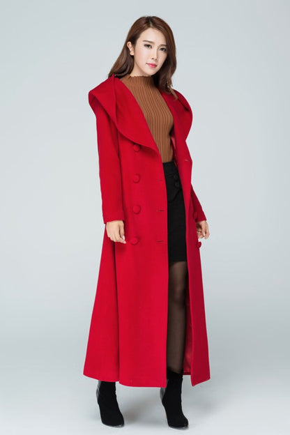 Red Wool Long Trench Coat - Hooded Double Breasted with Tie Belt 1602