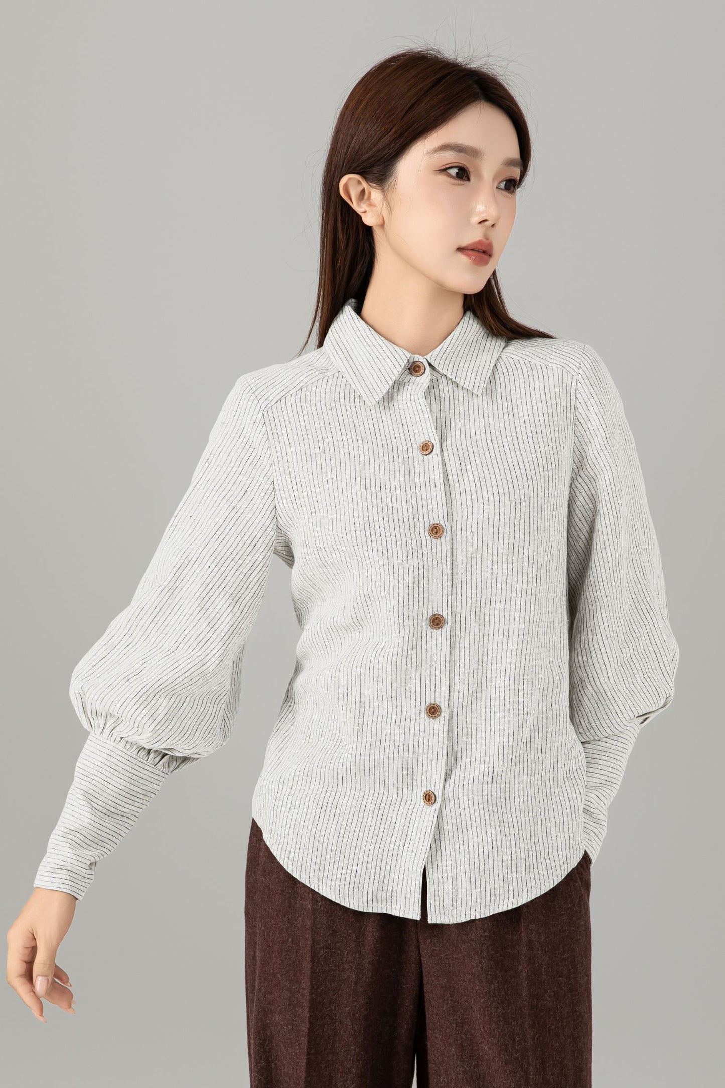 Striped Linen Blouse - Button Down Puff Sleeve | Xiaolizi 6755