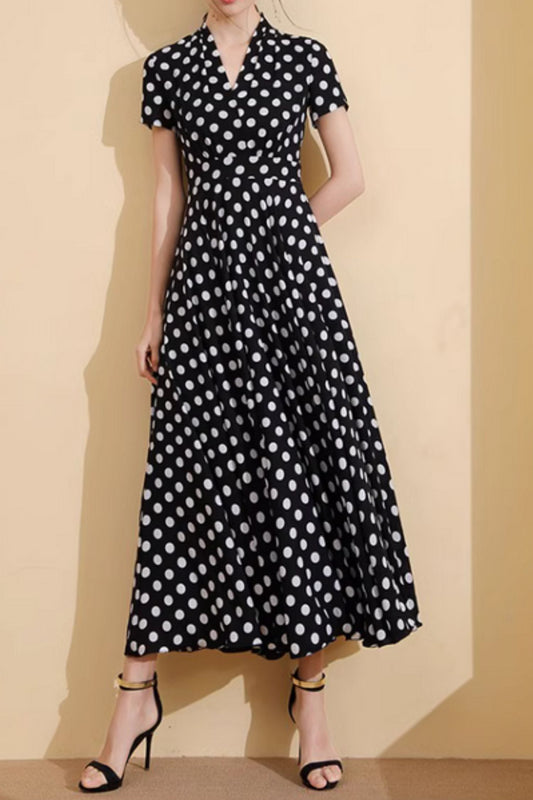 Black and white polka dot long chiffon dress 5020