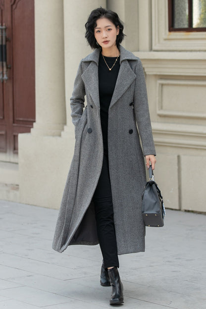 Gray Wool Long Trench Coat - Double Breasted Tie Belt 5455