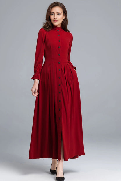 Red Long Sleeve Button Front Maxi Dress – Elegant Fit and Flare Shirt Dress 6345