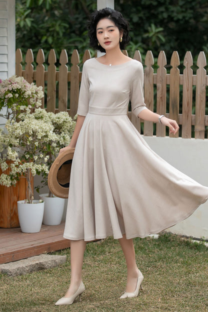 Beige Linen Midi Dress – Handmade Vintage A-Line Fit & Flare Dress with Pockets | Xiaolizi 6700 -Size XS #CK2600184