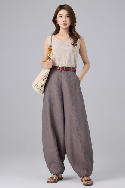 Charcoal Linen Pants - High Waist Lantern | Xiaolizi 6758