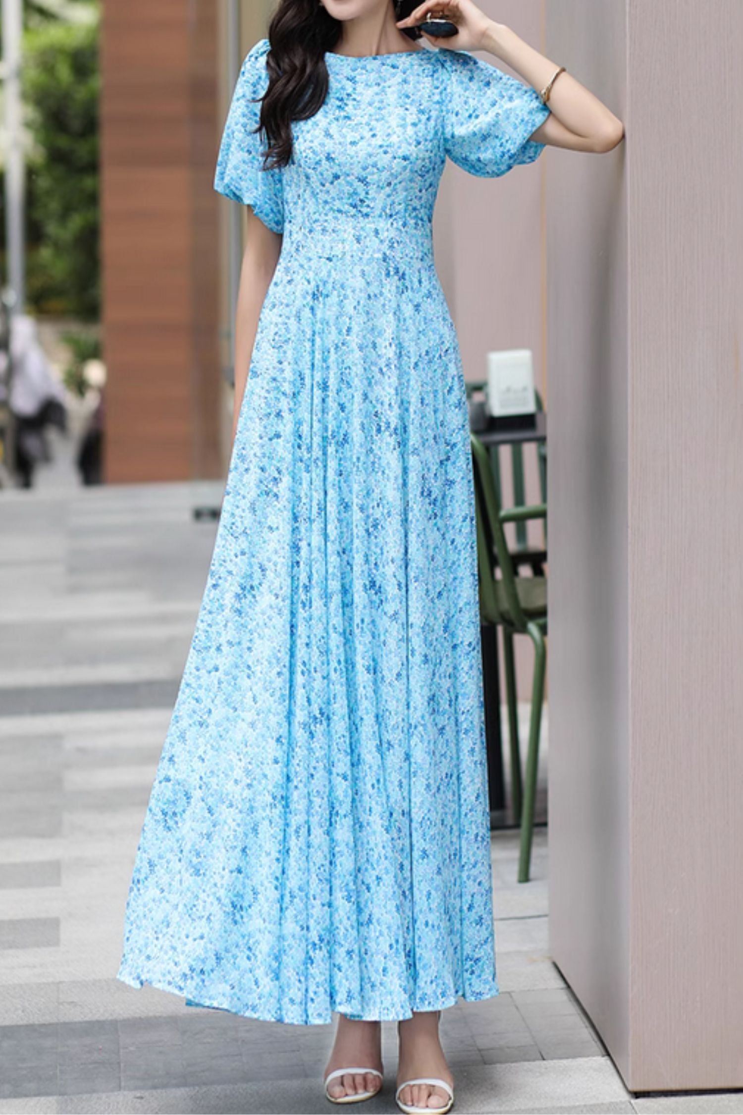 chiffon maxi dress pattern FLORAL OFF-SHOULDER SPAGHETTI STRAPS HIGH-WAIST CHIFFON MAXI DRESS