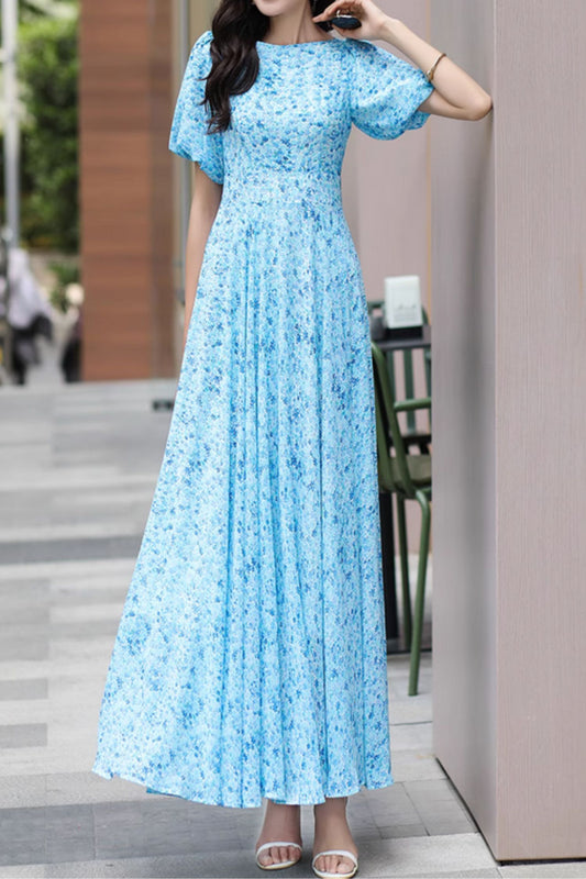 Maxi blue floral summer chiffon dresses 5017