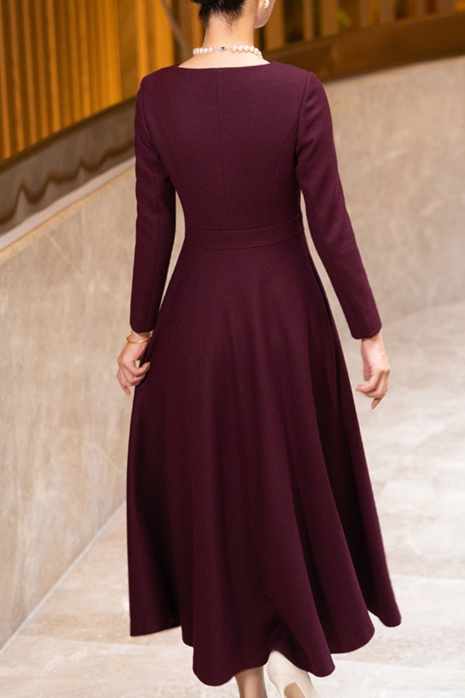 Burgundy long sleeves winter wedding wool dress TT0187 Xiaolizi Burgundy long sleeves winter wedding wool dress TT0187 Xiaolizi